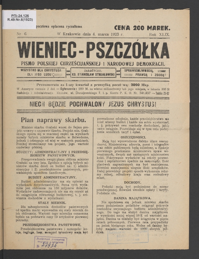 Wieniec-Pszczółka : pismo polskiej chrześcijańskiej i narodowej demokracji. Rok 49, 1923, numer 6