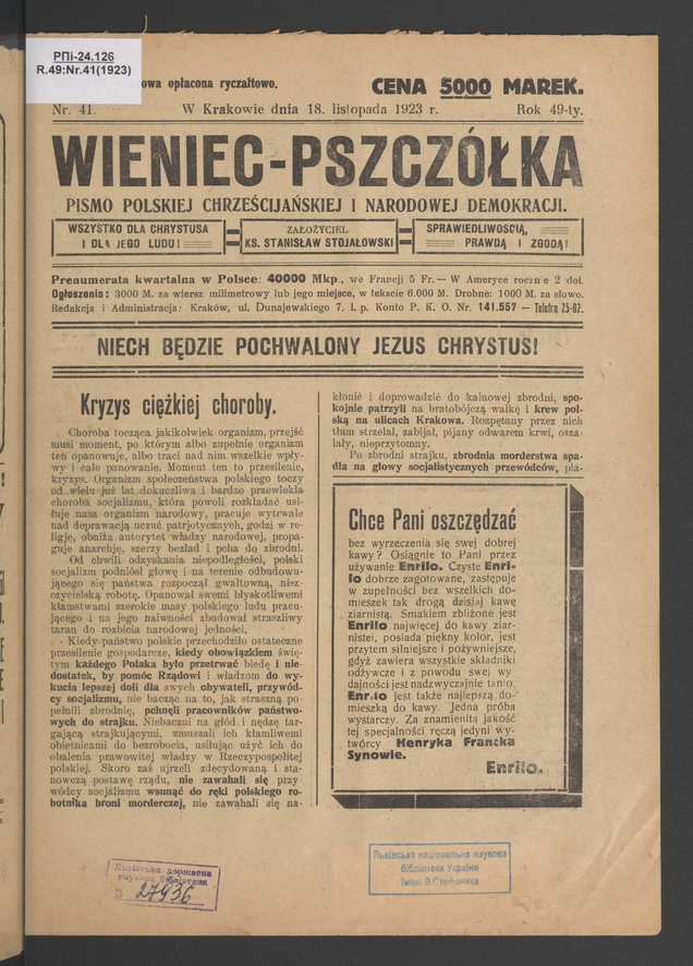 Wieniec-Pszczółka : pismo polskiej chrześcijańskiej i narodowej demokracji. Rok 49, 1923, numer 41