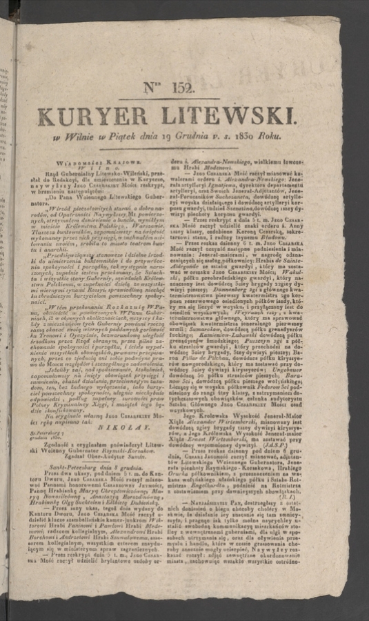 Kuryer Litewski. 1830, numer 152