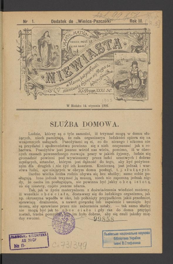 Niewiasta : dodatek do „Wieńca-Pszczółki”. Rok 3, 1903, numer 1