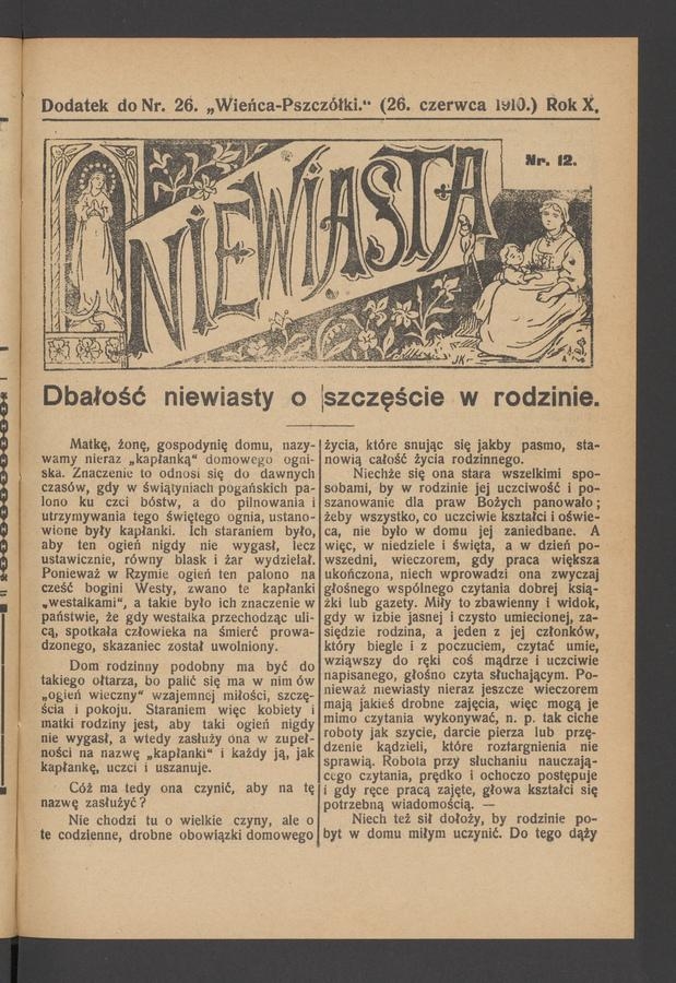 Niewiasta : dodatek do numeru 26 „Wieńca-Pszczółki”. Rok 10, 1910, numer 12