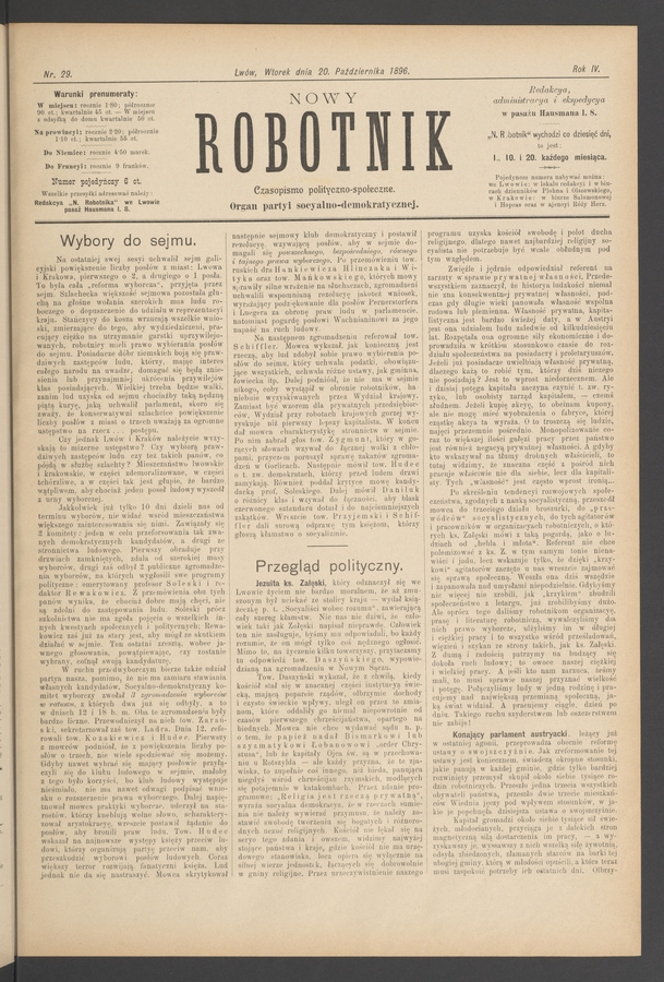 Nowy Robotnik : czasopismo polityczno-społeczne : organ partyi socyalno-demokratycznej. Rok 4, 1896, numer 29