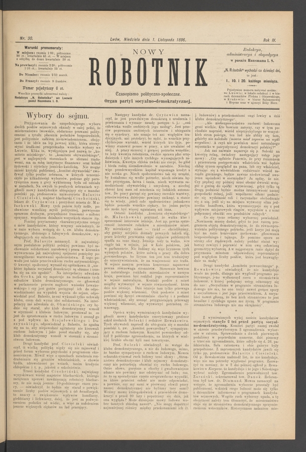Nowy Robotnik : czasopismo polityczno-społeczne : organ partyi socyalno-demokratycznej. Rok 4, 1896, numer 30