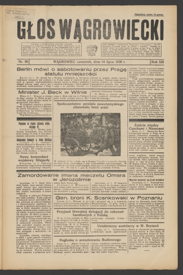 Głos Wągrowiecki. Rok&nbsp;13, 1938, numer&nbsp;80