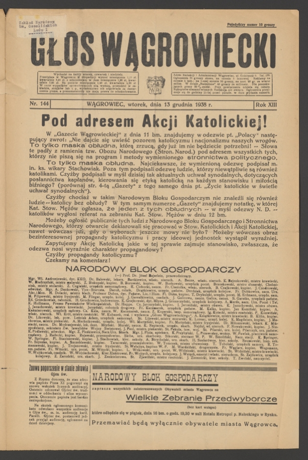 Głos Wągrowiecki. Rok&nbsp;13, 1938, numer&nbsp;144