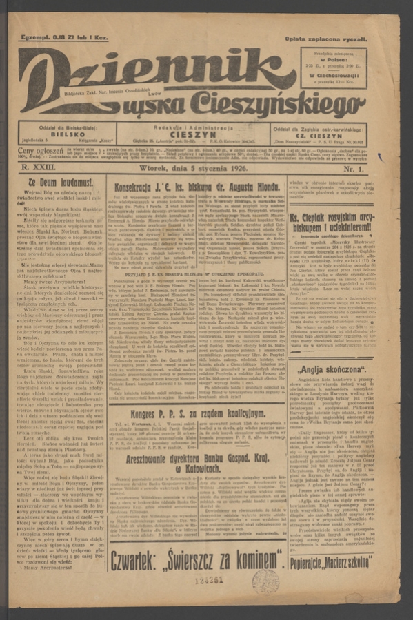 Dziennik Śląska Cieszyńskiego. Rok&nbsp;23, 1926, numer&nbsp;1