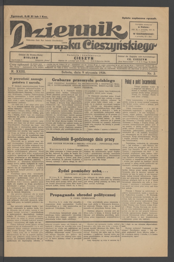 Dziennik Śląska Cieszyńskiego. Rok&nbsp;23, 1926, numer&nbsp;2