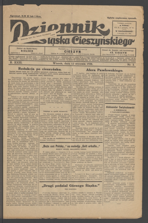 Dziennik Śląska Cieszyńskiego. Rok&nbsp;23, 1926, numer&nbsp;3