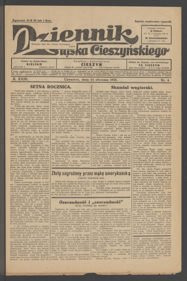 Dziennik Śląska Cieszyńskiego. Rok&nbsp;23, 1926, numer&nbsp;4
