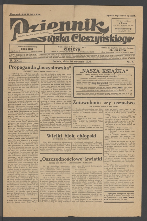 Dziennik Śląska Cieszyńskiego. Rok&nbsp;23, 1926, numer&nbsp;5