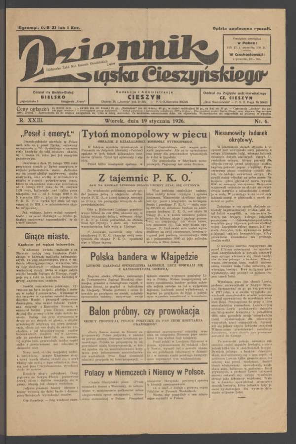 Dziennik Śląska Cieszyńskiego. Rok&nbsp;23, 1926, numer&nbsp;6