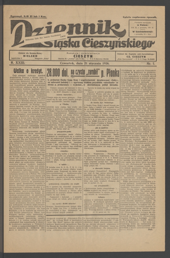 Dziennik Śląska Cieszyńskiego. Rok&nbsp;23, 1926, numer&nbsp;7