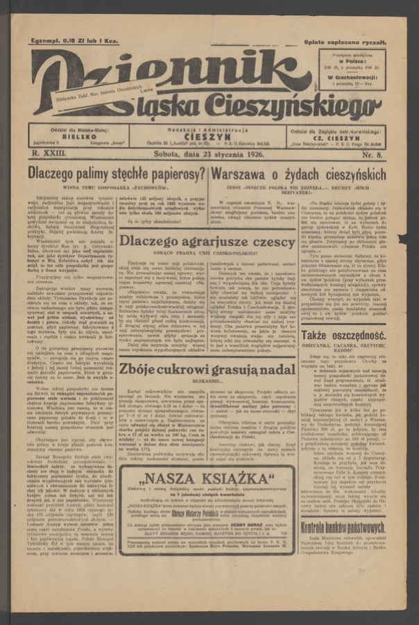 Dziennik Śląska Cieszyńskiego. Rok&nbsp;23, 1926, numer&nbsp;8