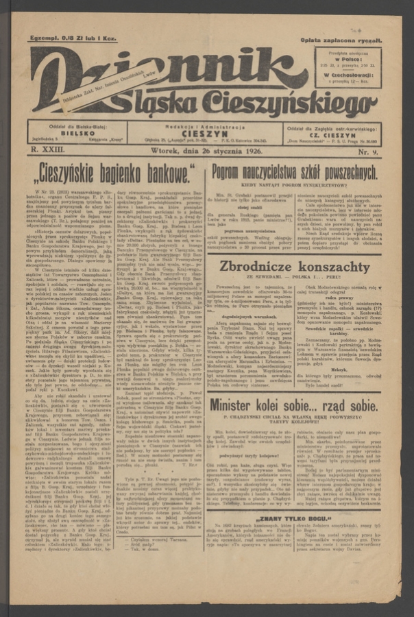 Dziennik Śląska Cieszyńskiego. Rok&nbsp;23, 1926, numer&nbsp;9