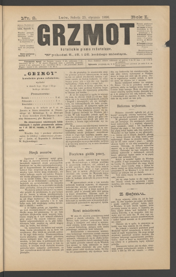 Grzmot&nbsp;: katolickie pismo robotnicze. Rok&nbsp;1, 1896, numer&nbsp;2