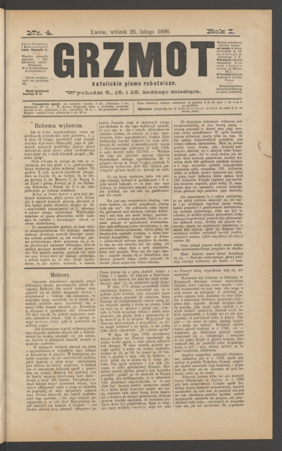 Grzmot&nbsp;: katolickie pismo robotnicze. Rok&nbsp;1, 1896, numer&nbsp;4