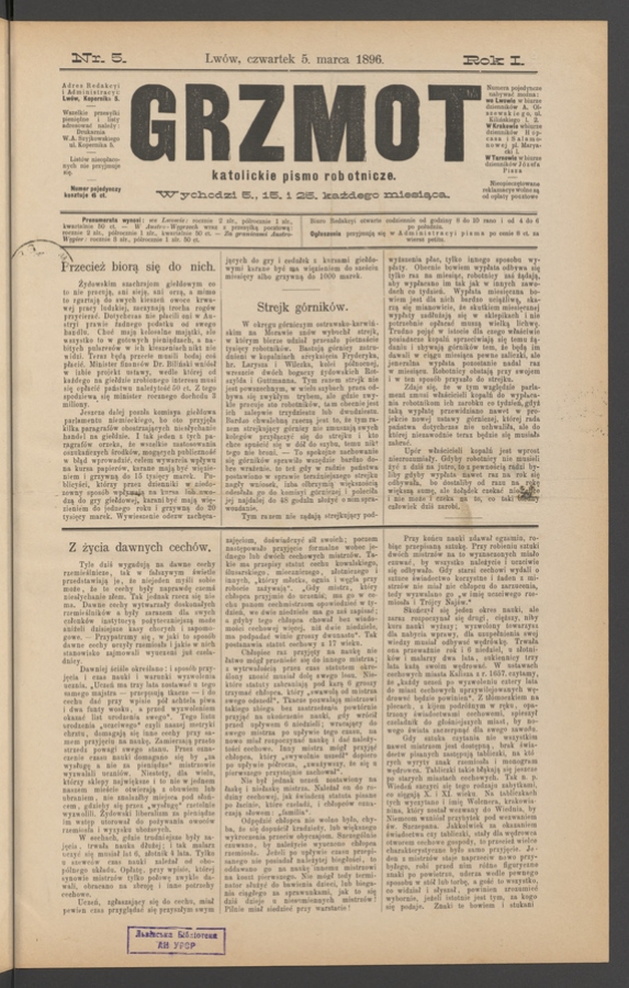 Grzmot&nbsp;: katolickie pismo robotnicze. Rok&nbsp;1, 1896, numer&nbsp;5