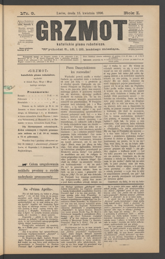 Grzmot&nbsp;: katolickie pismo robotnicze. Rok&nbsp;1, 1896, numer&nbsp;9