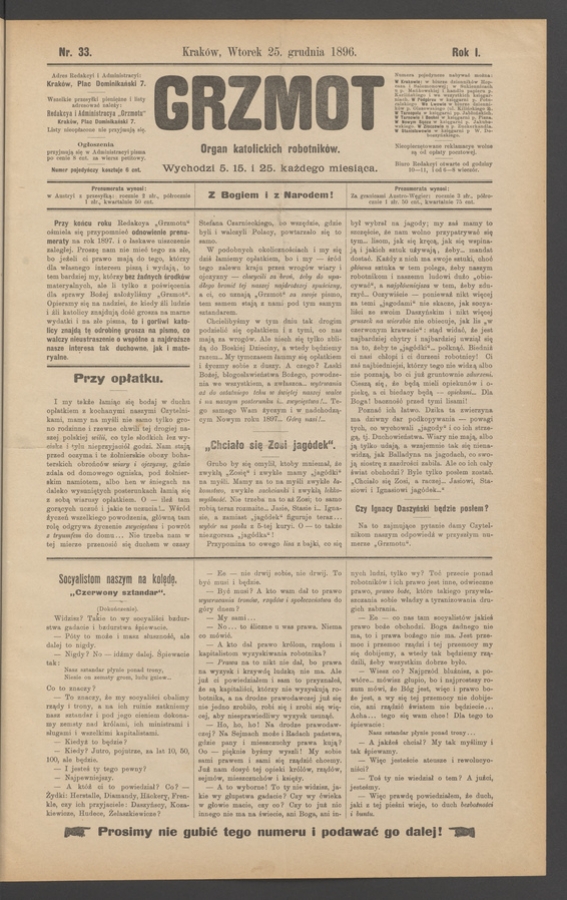 Grzmot&nbsp;: organ katolickich robotnik&oacute;w. Rok&nbsp;1, 1896, numer&nbsp;33