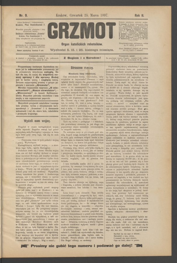 Grzmot&nbsp;: organ katolickich robotnik&oacute;w. Rok&nbsp;2, 1897, numer&nbsp;9