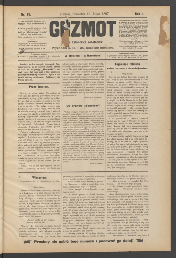 Grzmot&nbsp;: organ katolickich robotnik&oacute;w. Rok&nbsp;2, 1897, numer&nbsp;20