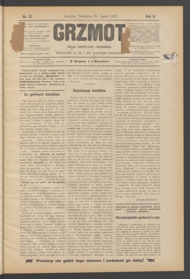 Grzmot&nbsp;: organ katolickich robotnik&oacute;w. Rok&nbsp;2, 1897, numer&nbsp;21