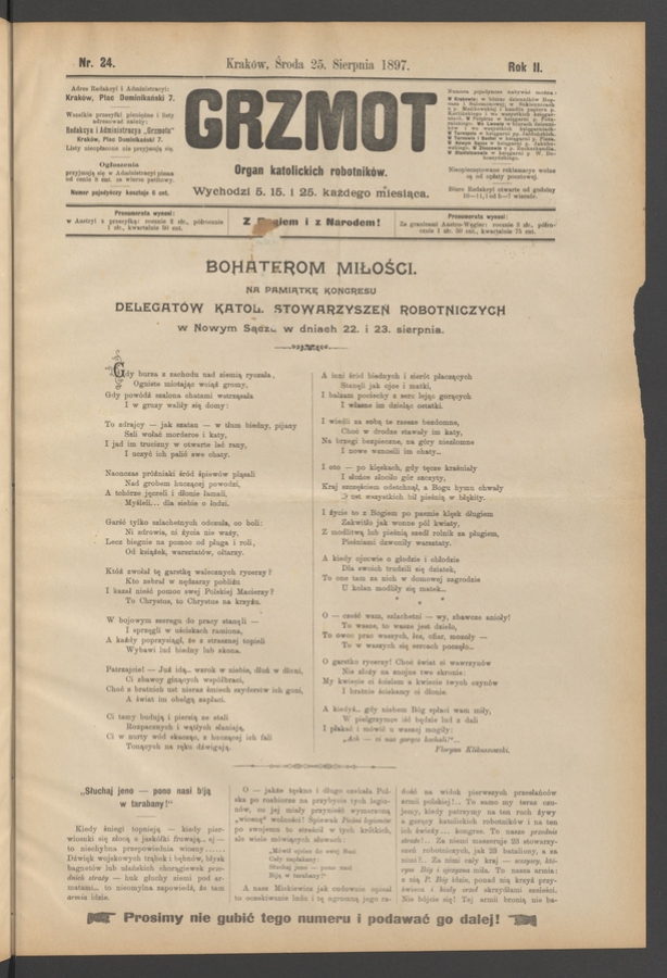 Grzmot&nbsp;: organ katolickich robotnik&oacute;w. Rok&nbsp;2, 1897, numer&nbsp;24
