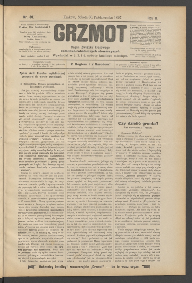 Grzmot&nbsp;: organ Związku Krajowego Katolicko-Robotniczych Stowarzyszeń. Rok&nbsp;2, 1897, numer&nbsp;30