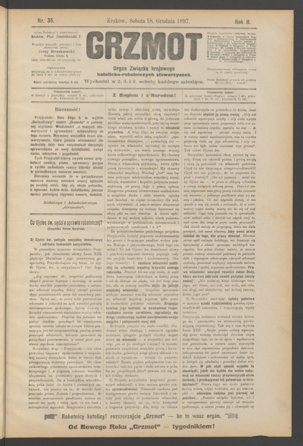 Grzmot&nbsp;: organ Związku Krajowego Katolicko-Robotniczych Stowarzyszeń. Rok&nbsp;2, 1897, numer&nbsp;35