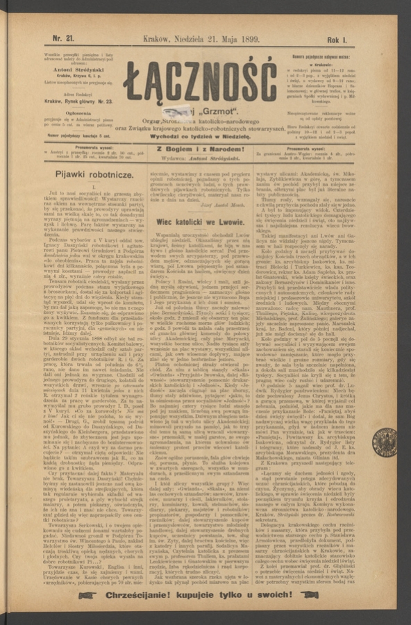 Łączność&nbsp;: dawniej &bdquo;Grzmot&rdquo;&nbsp;: organ Stronnictwa Katolicko-Narodowego oraz Związku Krajowego Katolicko-Robotniczych Stowarzyszeń. Rok&nbsp;1, 1899, numer&nbsp;21