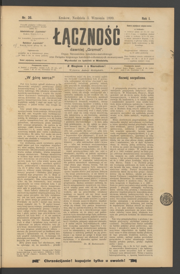 Łączność&nbsp;: dawniej &bdquo;Grzmot&rdquo;&nbsp;: organ Stronnictwa Katolicko-Narodowego oraz Związku Krajowego Katolicko-Robotniczych Stowarzyszeń. Rok&nbsp;1, 1899, numer&nbsp;36