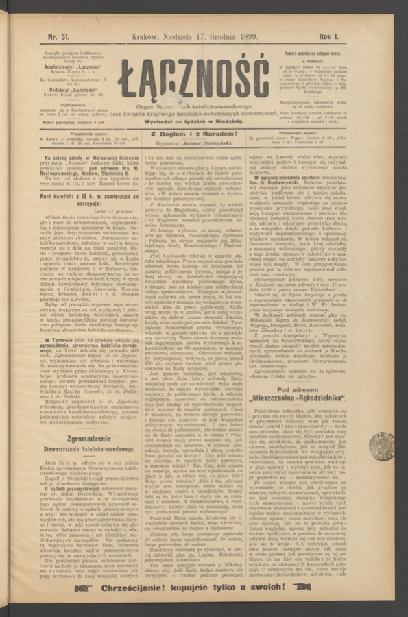 Łączność&nbsp;: organ Stronnictwa Katolicko-Narodowego oraz Związku Krajowego Katolicko-Robotniczych Stowarzyszeń. Rok&nbsp;1, 1899, numer&nbsp;51
