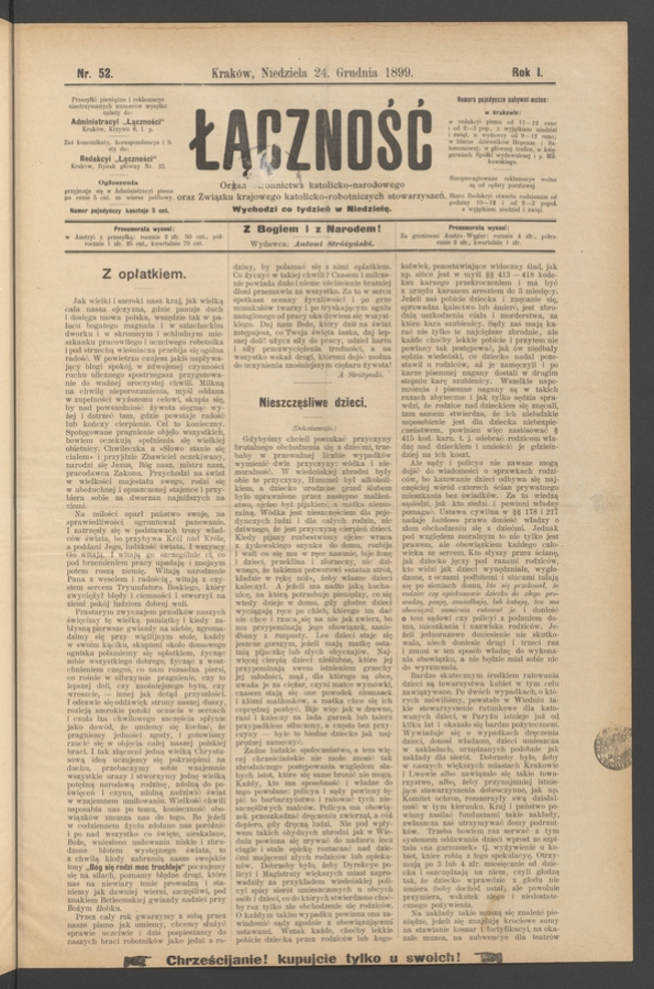 Łączność&nbsp;: organ Stronnictwa Katolicko-Narodowego oraz Związku Krajowego Katolicko-Robotniczych Stowarzyszeń. Rok&nbsp;1, 1899, numer&nbsp;52