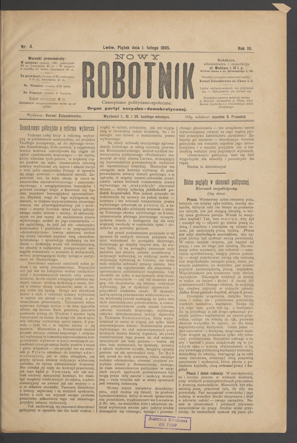 Nowy Robotnik : czasopismo polityczno-społeczne : organ partyi socyalno-demokratycznej. Rok 3, 1895, numer 4