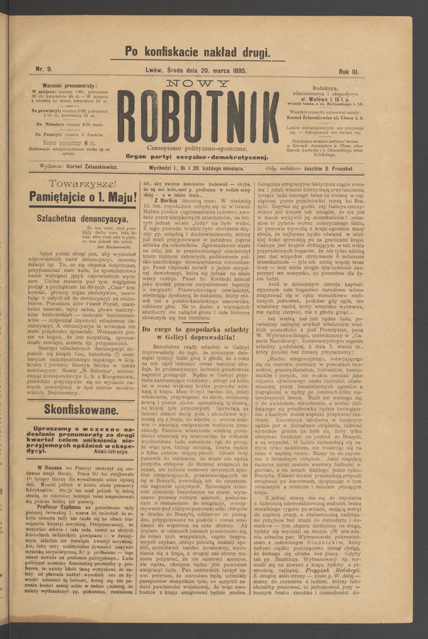 Nowy Robotnik : czasopismo polityczno-społeczne : organ partyi socyalno-demokratycznej. Rok 3, 1895, numer 9 (po konfiskacie nakład drugi)