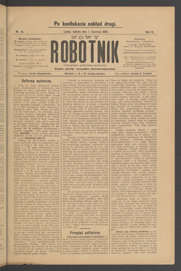 Nowy Robotnik : czasopismo polityczno-społeczne : organ partyi socyalno-demokratycznej. Rok 3, 1895, numer 16 (po konfiskacie nakład drugi)
