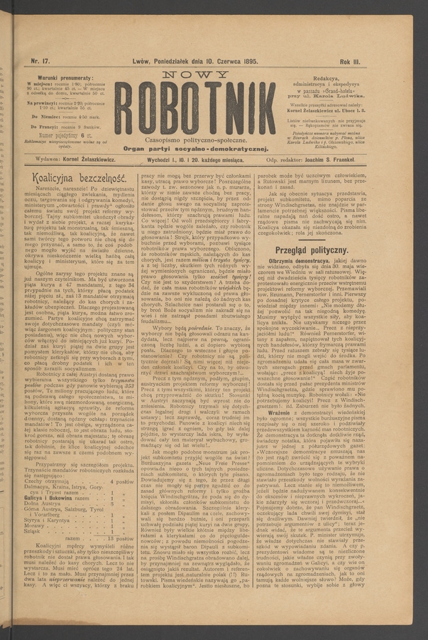 Nowy Robotnik : czasopismo polityczno-społeczne : organ partyi socyalno-demokratycznej. Rok 3, 1895, numer 17