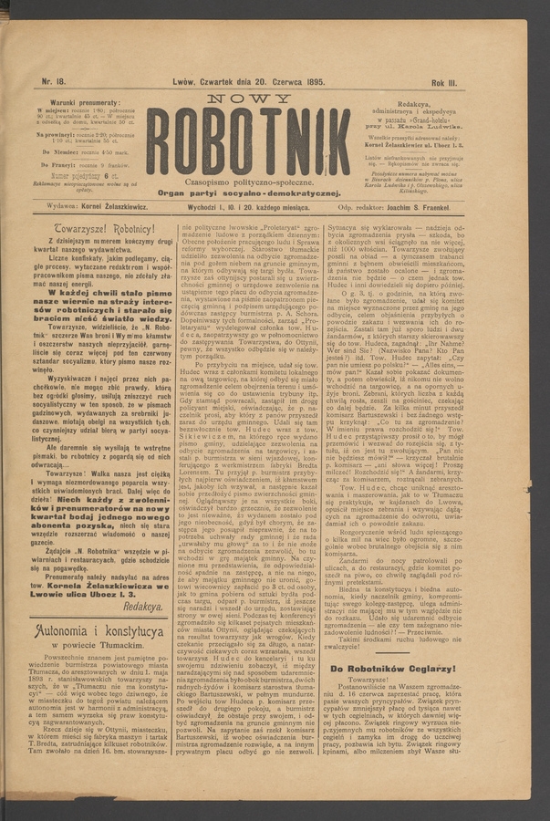 Nowy Robotnik : czasopismo polityczno-społeczne : organ partyi socyalno-demokratycznej. Rok 3, 1895, numer 18