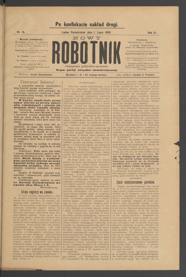 Nowy Robotnik : czasopismo polityczno-społeczne : organ partyi socyalno-demokratycznej. Rok 3, 1895, numer 19 (po konfiskacie nakład drugi)