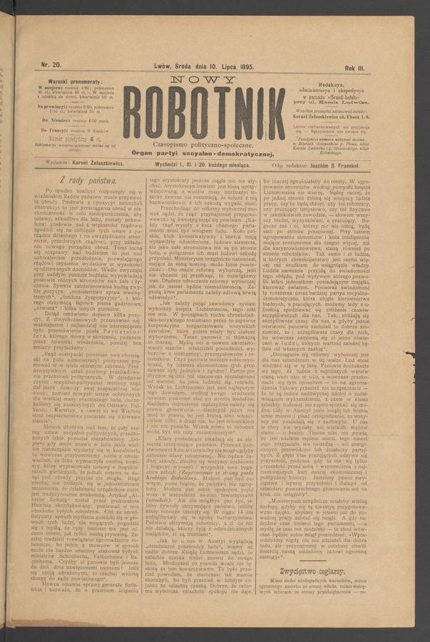 Nowy Robotnik : czasopismo polityczno-społeczne : organ partyi socyalno-demokratycznej. Rok 3, 1895, numer 20