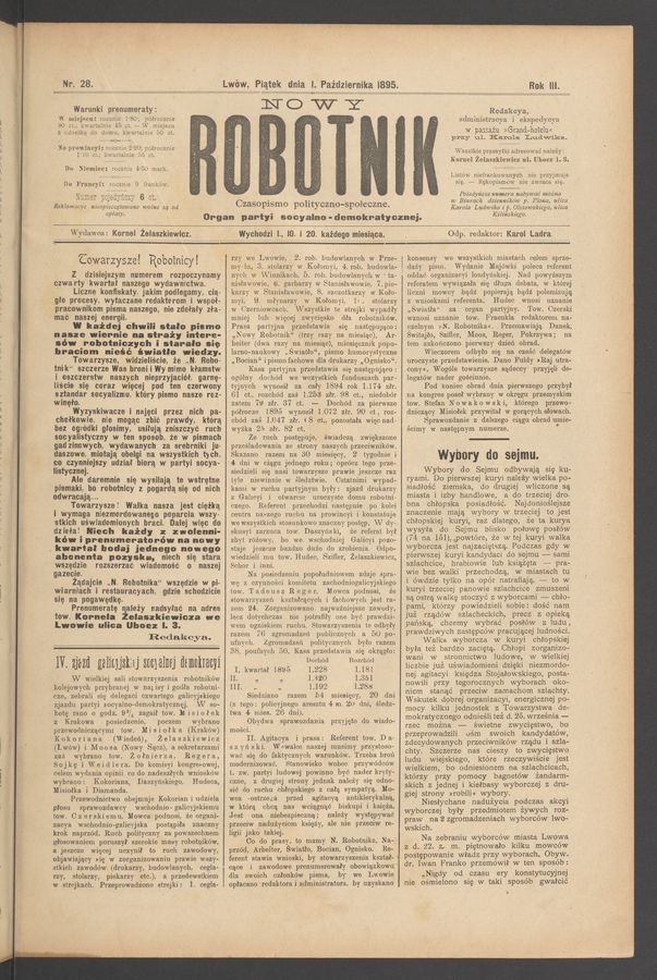 Nowy Robotnik : czasopismo polityczno-społeczne : organ partyi socyalno-demokratycznej. Rok 3, 1895, numer 28