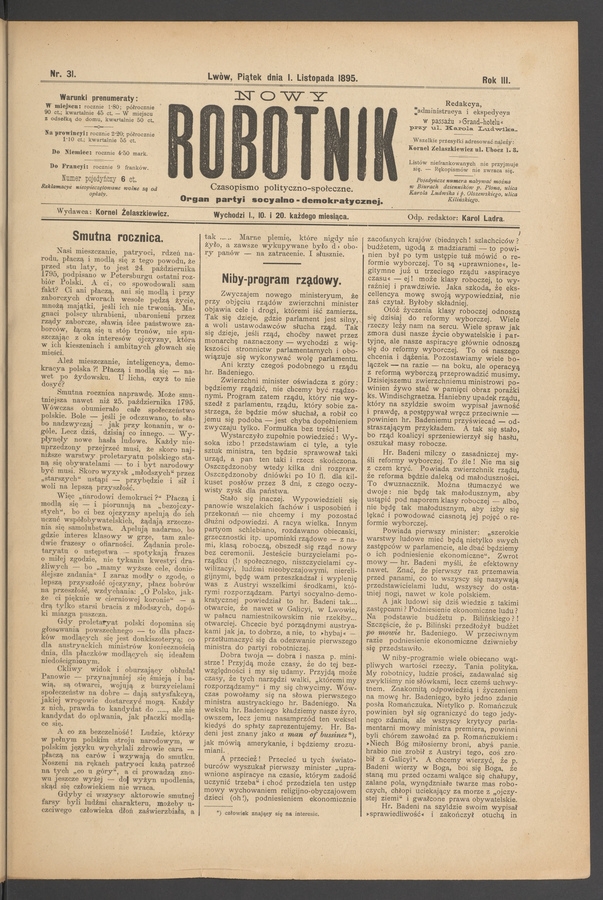 Nowy Robotnik : czasopismo polityczno-społeczne : organ partyi socyalno-demokratycznej. Rok 3, 1895, numer 31