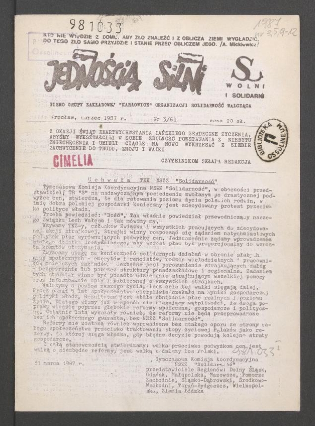 Jednością Silni&nbsp;: pismo Grupy Zakładowej &bdquo;Karłowice&rdquo; Organizacji Solidarność Walcząca. 1987, numer&nbsp;3&nbsp;(61)