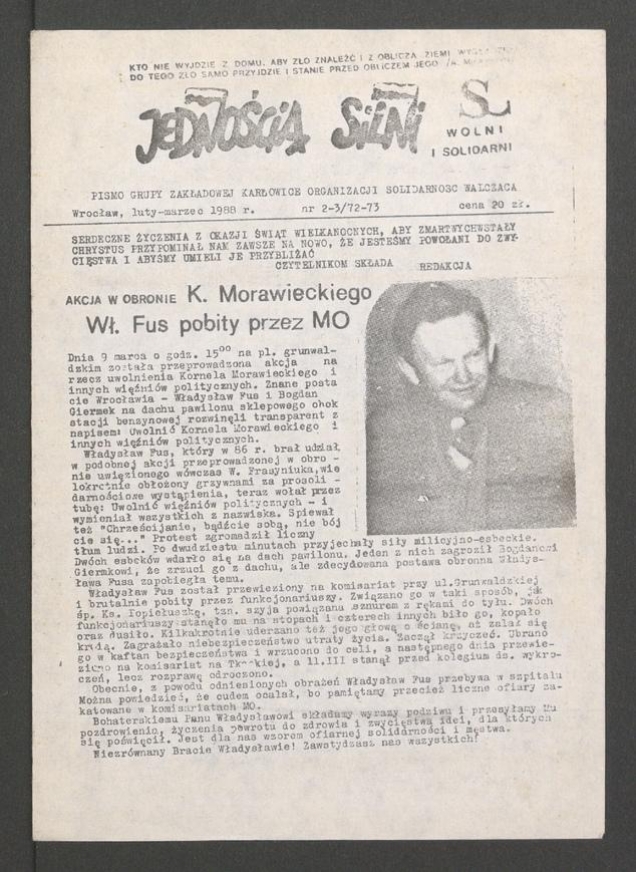 Jednością Silni : pismo Grupy Zakładowej Karłowice Organizacji Solidarność Walcząca. 1988, numer 2-3 (72-73)