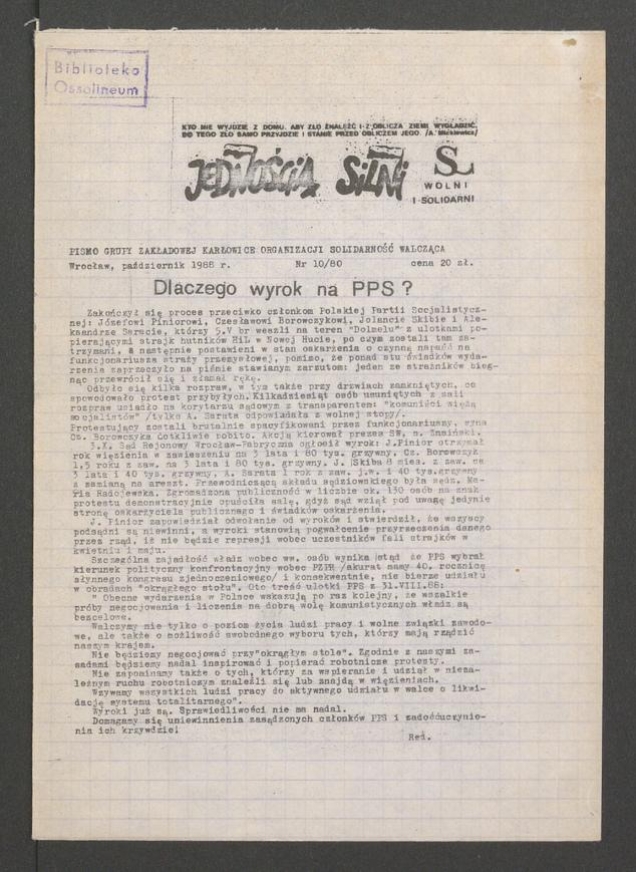 Jednością Silni : pismo Grupy Zakładowej Karłowice Organizacji Solidarność Walcząca. 1988, numer 10 (80)