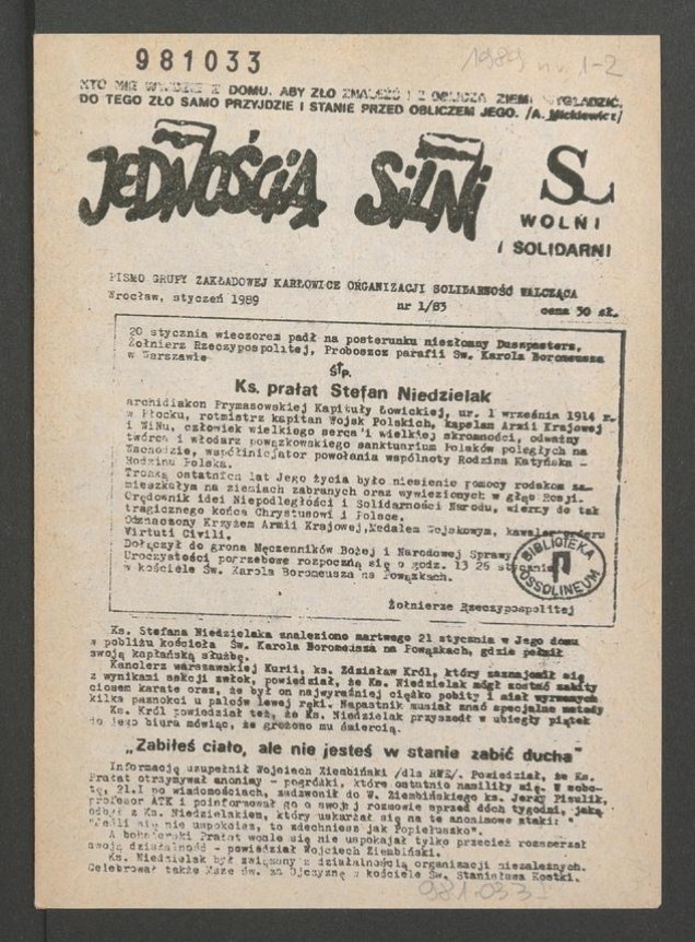Jednością Silni : pismo Grupy Zakładowej Karłowice Organizacji Solidarność Walcząca. 1989, numer 1 (83)