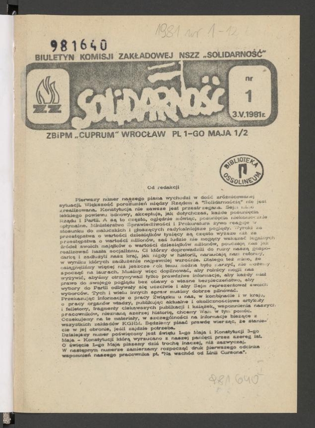 Biuletyn Komisji Zakładowej NSZZ „Solidarność” ZBiPM „Cuprum” Wrocław. 1981, numer 1