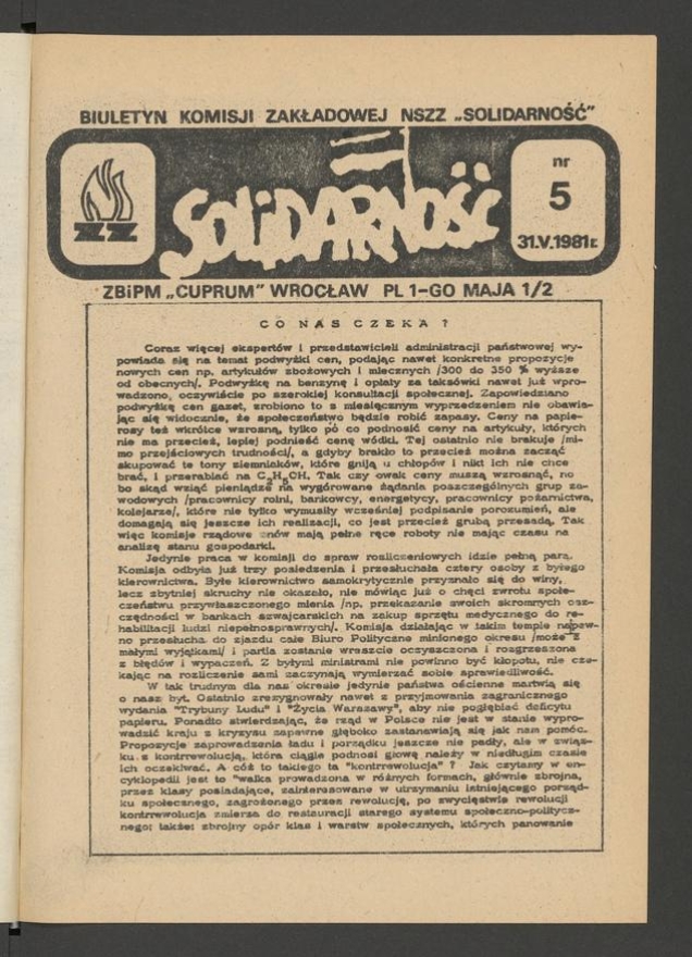 Biuletyn Komisji Zakładowej NSZZ „Solidarność” ZBiPM „Cuprum” Wrocław. 1981, numer 5