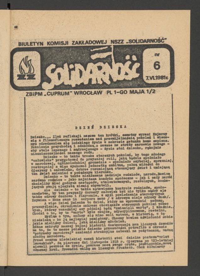 Biuletyn Komisji Zakładowej NSZZ „Solidarność” ZBiPM „Cuprum” Wrocław. 1981, numer 6