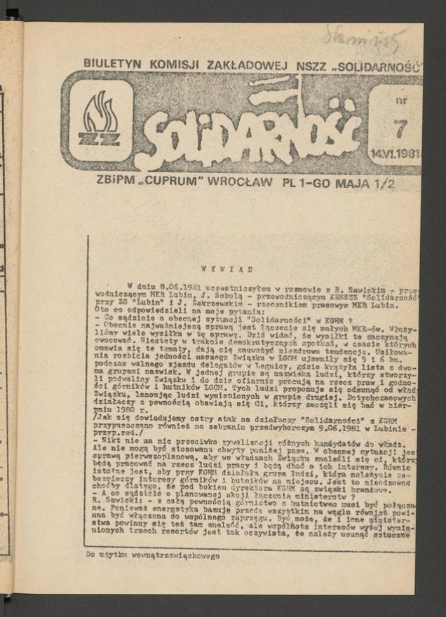 Biuletyn Komisji Zakładowej NSZZ „Solidarność” ZBiPM „Cuprum” Wrocław. 1981, numer 7